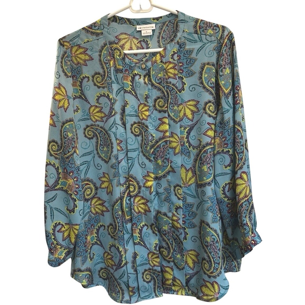 Liz Claiborne Womens Teal Paisley‎ Pleated Front Long Sleeve Blouse Size L